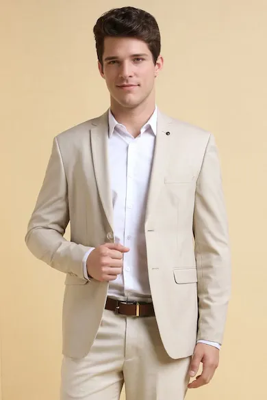 Men Beige Slim Fit Textured Formal Blazer